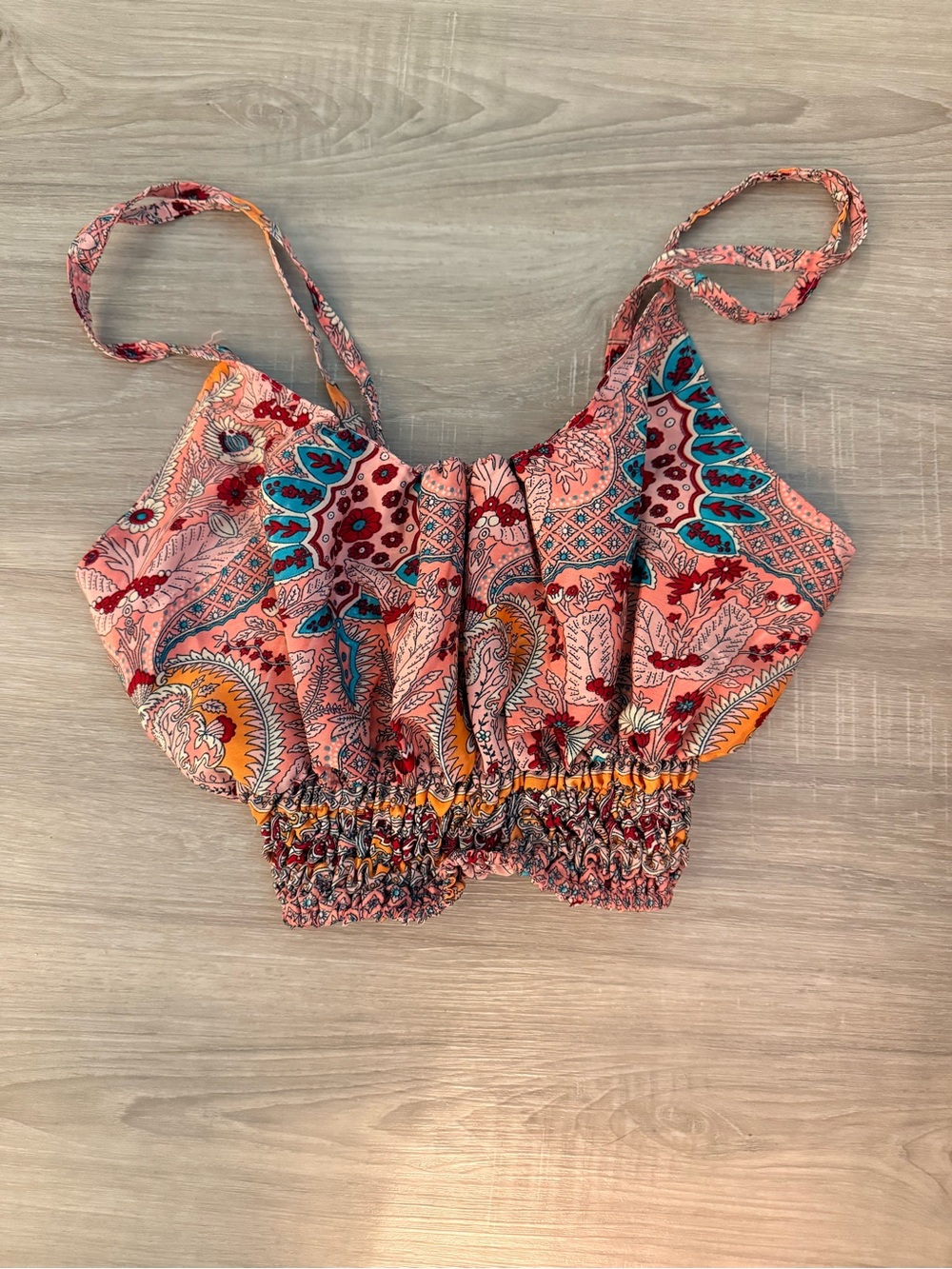 Paisley Smocked Crop Top in Pink with Turquoise Accents